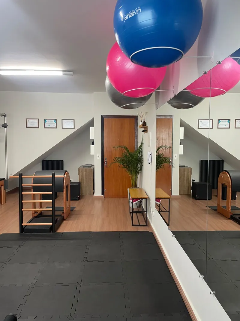 Entrada do studio vista do tatame, com espelho, bolas suíças, Ladder Barrel e certificados na parede